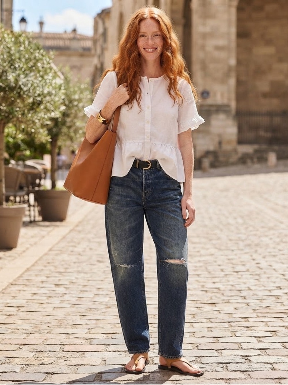 Madewell White Short-Sleeve Peplum Button-Up Blouse